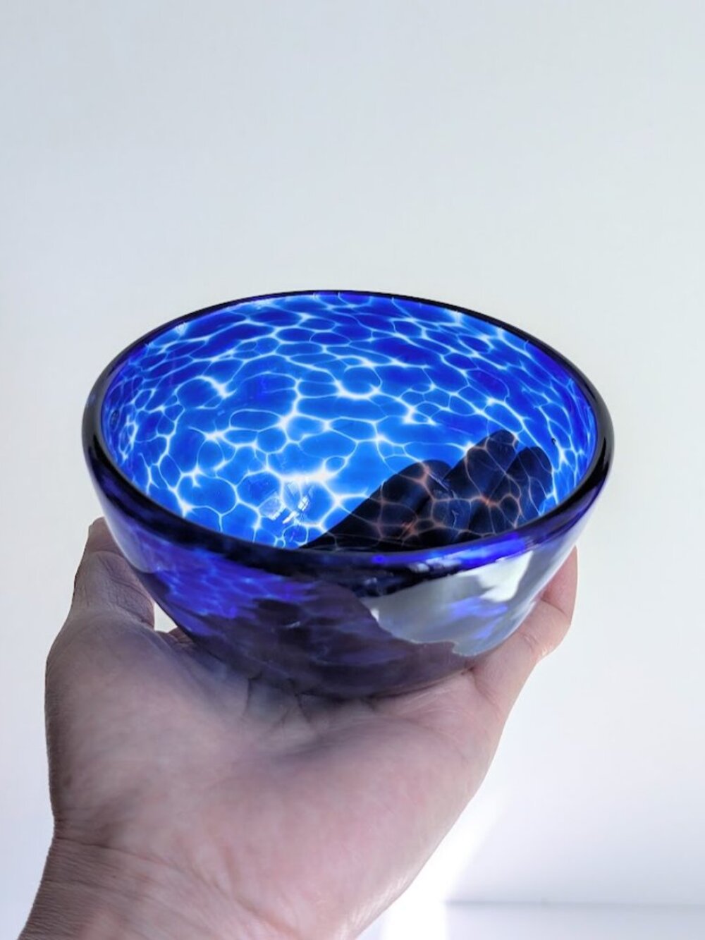 Small Hand Blown Cobalt Blue and Clear Art Glass Bowl 4.2"
